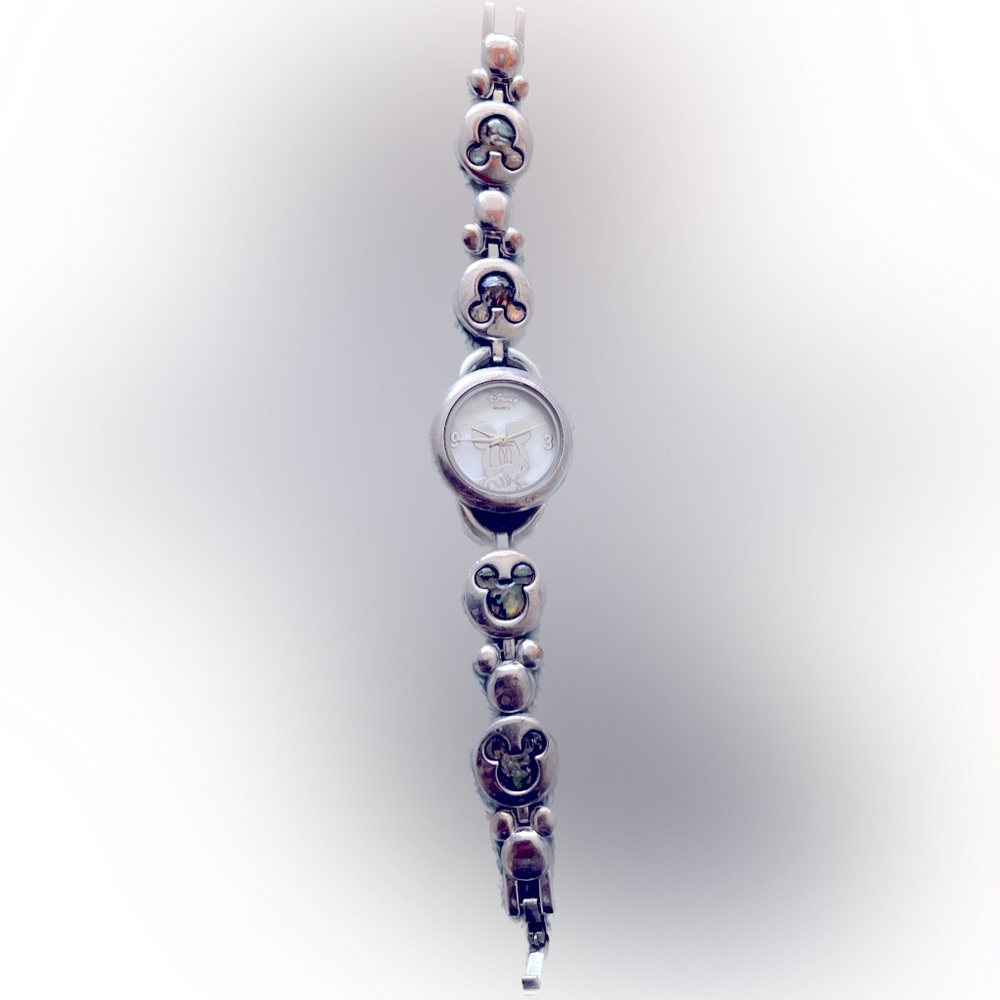 Disney Mickey Mouse silver watch with iridescent accents. Some scratches. OS
